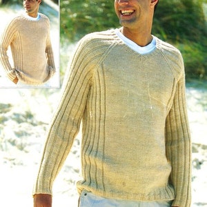 Mens Sweater Rib Sweater Jumper Round or V Neck Raglan Sleeve Knitting Pattern PDF  38-48" DK light worsted 8ply Digital Download