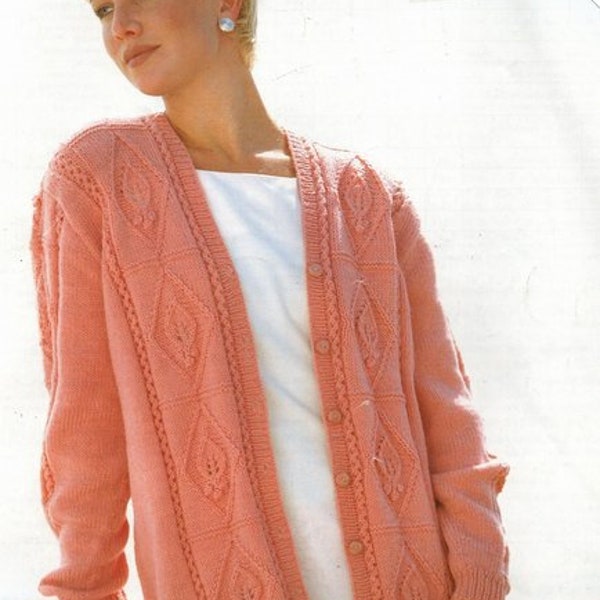 Large Sizes Cable Lacy Leaf Bobble Jacket Cardigan V Neck Womens Ladies  DK 8 Ply Light Worsted 32" - 54" ~  Knitting Pattern PDF download