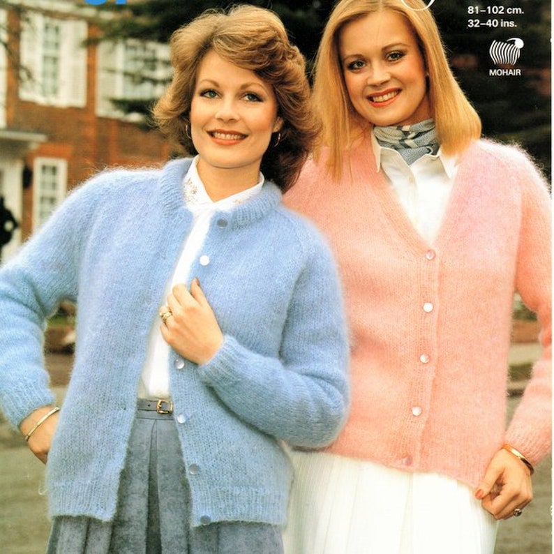 Easy Mohair Stocking Stitch Raglan Cardigan Round or V Neck 32 40 Womens Ladies Aran Mohair Knitting Pattern PDF Instant download image 1