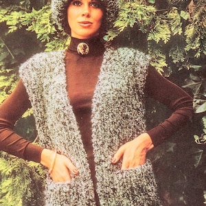 Womans Easy Knit Chunky 12 Ply Waistcoat Pockets Edge to Edge & Hat 33" - 39" Knitting Pattern  PDF Instant Digital Download