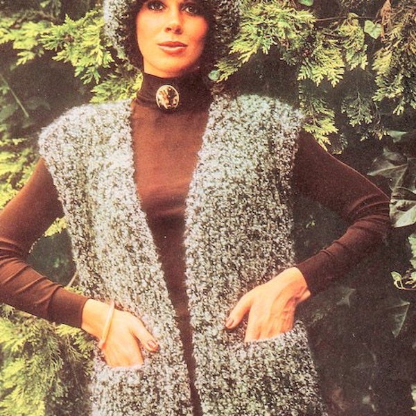 Womans Easy Knit Chunky 12 Ply Waistcoat Pockets Edge to Edge & Hat 33" - 39" Knitting Pattern  PDF Instant Digital Download