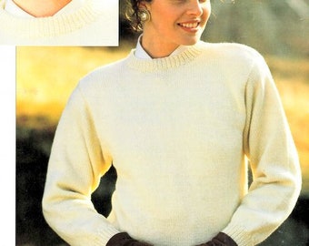 Easy Classic Round Neck Sweater Set In Sleeve Womans All Wool Weights 32"- 42" ~ 4Ply DK Aran Chunky  Knitting Pattern PDF Instant download