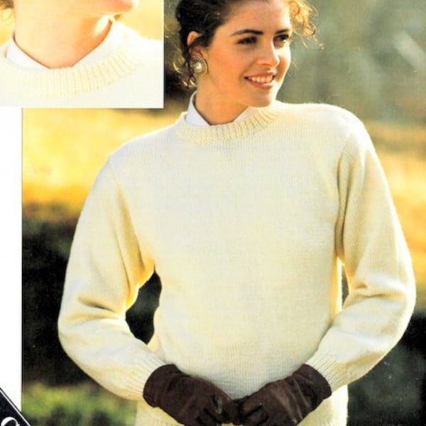 Easy Classic Round Neck Sweater Set In Sleeve Womans All Wool Weights 32"- 42" ~ 4Ply DK Aran Chunky  Knitting Pattern PDF Instant download