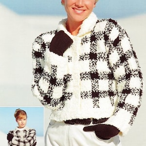 May include: A white and black checked knit cardigan with a zip fastening. The cardigan is worn over a white shirt and white trousers.