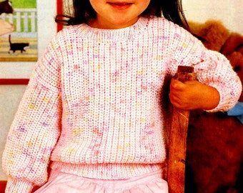 May include: A pink and white knitted sweater with a round neckline. The sweater has a speckled pattern with pink, white, and yellow yarn.