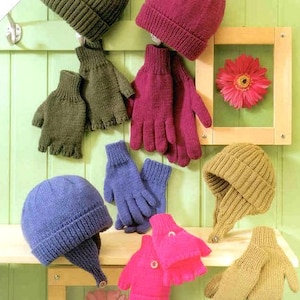 May include: A collection of knitted hats and mittens in various colors, including pink, blue, brown, and green. The hats are all different styles, including a beanie, a slouchy hat, and a hat with earflaps. The mittens are also different styles, including fingerless mittens, full mittens, and mittens with a thumb hole.