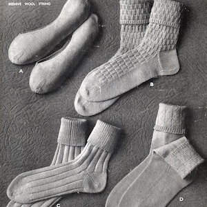 May include: Four pairs of knitted socks in various styles, including ankle socks and footlets. The socks are made of beehive wool string and are labeled with the number 3481.