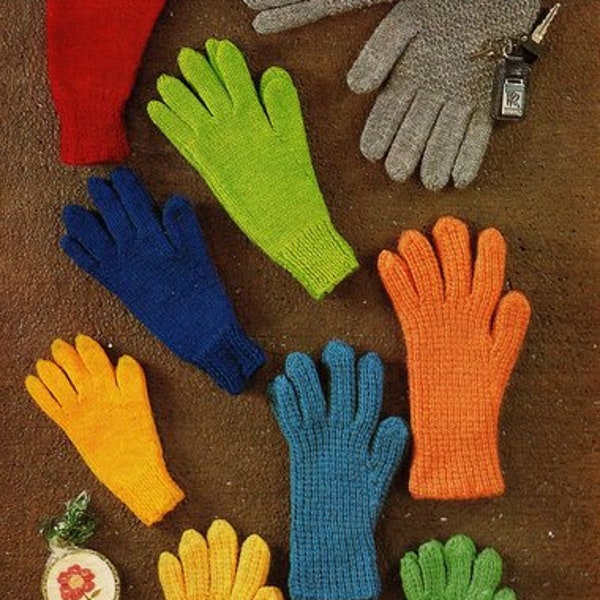 Family Adult Childrens Gloves Plain & Ribbed 2 Needles ~ Vintage pattern ~ DK 8 Ply Light Worsted Knitting Pattern PDF Instant download