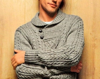 Mens Button Collar Cable Sweater 32" - 50" DK Wool  Knitting Pattern PDF Instant Download