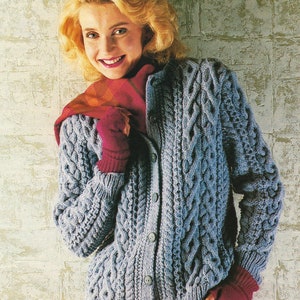 Womans Ladies Richly Cabled Round Neck Raglan Aran Jacket/Cardigan 32&quot;- 42&quot; DK Knitting Pattern PDF Instant download