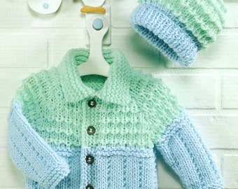 Baby Boys Girls Easy Chunky Jacket with Collar & Bobble Hat 18" - 26" Downloadable Knitting Pattern PDF Instant download