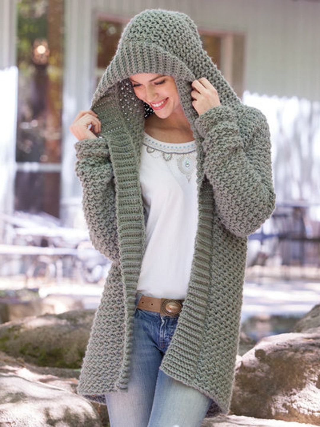 Crochet Hooded Hoodie Sweater Coat Jacket Womens