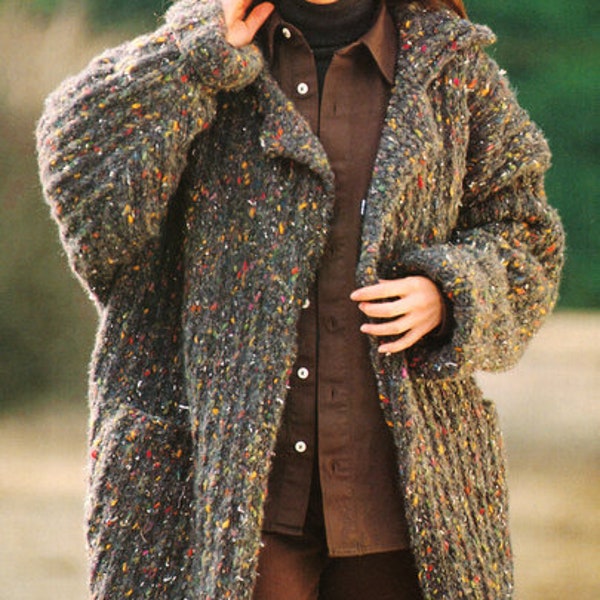 Womens Cardigan Coat Jacket Collar Fishermans Rib Size 14 - 16  Chunky Bulky 12 Ply Knitting Pattern PDF Download