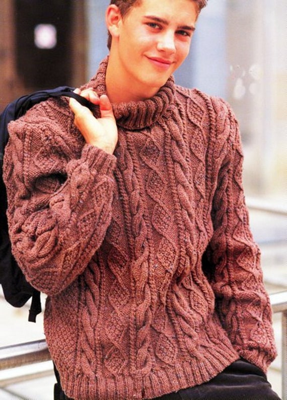 Mens Polo Neck Aran Sweater Rib Cable Diamond Traditional Line by