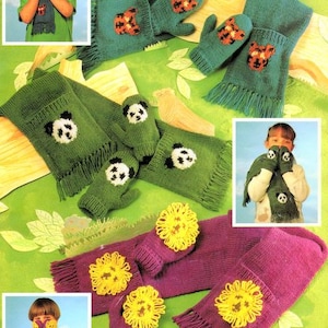 May include: A set of four knitted scarves and matching gloves featuring animal designs. The scarves are green, purple, and blue with panda, sunflower, and ladybug designs. The gloves are green, purple, and blue with panda, sunflower, and ladybug designs. The text "wildlife scarves and matching gloves they're grreat!" is printed at the bottom of the image.