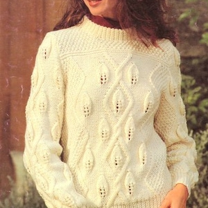 Woman's Round Neck Sweater Leaf Motif Cables & Moss Stitch 28" -38  Aran 10 ply Worsted  Knitting Pattern Download Pdf Knitting Pattern