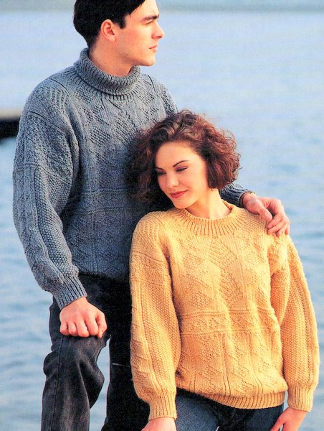 Mens & Womens Aran Textured Crew or Polo Neck Drop Sleeve
