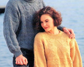 Mens & Womens Aran Textured Crew or Polo Neck Drop Sleeve Sweater