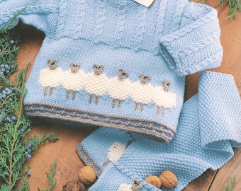 Baby Toddler Sheep Sweater Jacket Scarf & Hat 0 - 2 years  DK 8 Ply Light Worsted Knitting Pattern PDF Instant download
