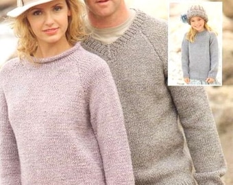 Easy Family Chunky Sweaters Round / V Neck with Ribbed or Rolled Edges  24"- 46" ~ Chunky Bulky 12 Ply Knitting Pattern PDF Instant Download