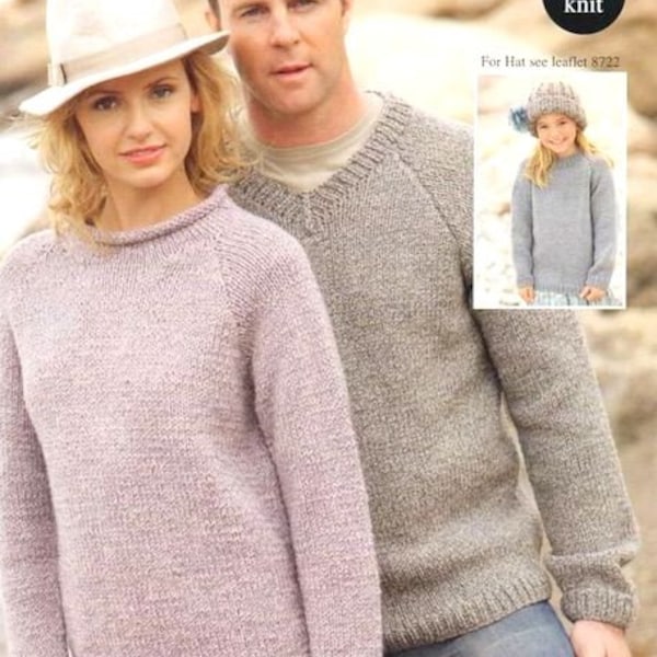 Easy Family Chunky Sweaters Round / V Neck with Ribbed or Rolled Edges  24"- 46" ~ Chunky Bulky 12 Ply Knitting Pattern PDF Instant Download