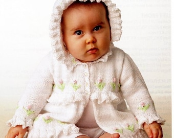 Baby Ruffled Flower Embroidered Layette Matinee Coat & Bonnet 0 - 18 months ~ DK Knitting Pattern PDF Instant download