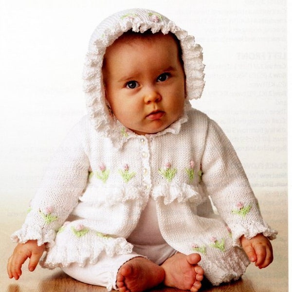 Baby Ruffled Flower Embroidered Layette Matinee Coat & Bonnet 0 - 18 months ~ DK Knitting Pattern PDF Instant download