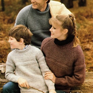 Easy Family Sweater Round Neck Raglan Sleeve Guernsey Style Rib 26" - 44"  Chunky Wool 12 Ply PDF Instant Download Knitting Pattern