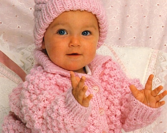 PDF Baby Boys Girls Popcorn Stitch Jacket & Hat 18" - 22"  Chunky Wool Downloadable Knitting Pattern