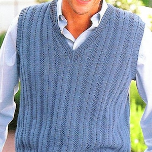 Easy Mens Guernsey Style Sweater Rib Jumper Round & V Neck Slipover Vest  Knitting Pattern 38-48&quot; DK light worsted 8ply pdf Digital Download