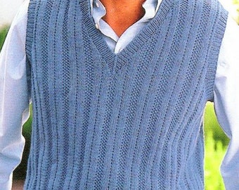 Easy Mens Guernsey Style Sweater Rib Jumper Round & V Neck Slipover Vest  Knitting Pattern 38-48" DK light worsted 8ply pdf Digital Download