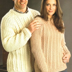 Mens Women&#39;s Round Neck Cable Rib Textured Sweater Jumper Raglan Sleeve 34&quot; - 44&quot; Chunky 12 Ply Knitting Pattern PDF Instant Download