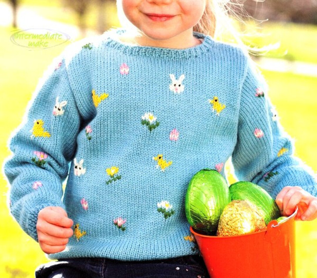 Easter Sweater Chicks Eggs Flowers Bunnies Intarsia Picture Girl