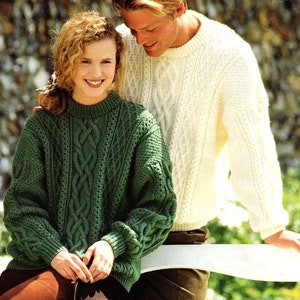 Womens Ladies & Mens Traditional Aran Cable Sweater Jumper 30"- 44" ~   Aran 10 Ply Worsted Knitting Pattern PDF Instant download