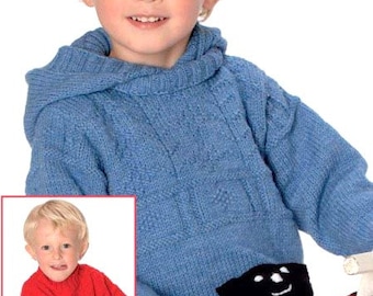 Guernsey Style Sweater Hooded and Round Neck Girl Boy 20" - 30" ~ DK 8 Ply Light Worsted Knitting Pattern PDF Instant download