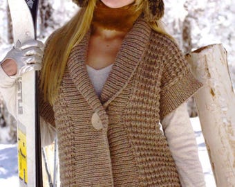 Womens Chunky One button Textured Waistcoat - Jacket in Chunky Bulky 12 ply Yarn- 32" - 54" larger sizes Knitting pattern Download PDF