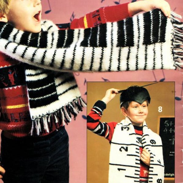 Music Notes, Keyboard, Piano & Tape Measure Scarf ~  DK 8 Ply Knitting Pattern PDF Instant download