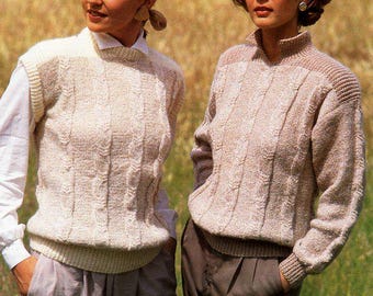 Womens Cable Slipover Vest Round Neck Top Jumper & Sweater Cable Collar 30" - 40"  DK 8 Ply Light Worsted Wool Knitting Pattern PDF download