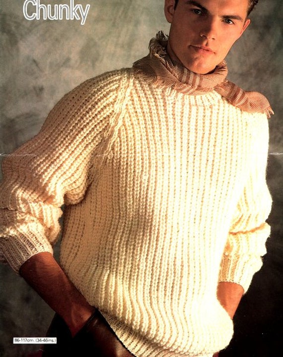 Mens Fishermans Rib Sweater Raglan Sleeve Knitting Pattern PDF