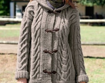 Womens Chunky Wool Cable Duffle Coat With Hood S/XL Sizes~   Chunky 12 Ply Knitting Pattern PDF Instant download