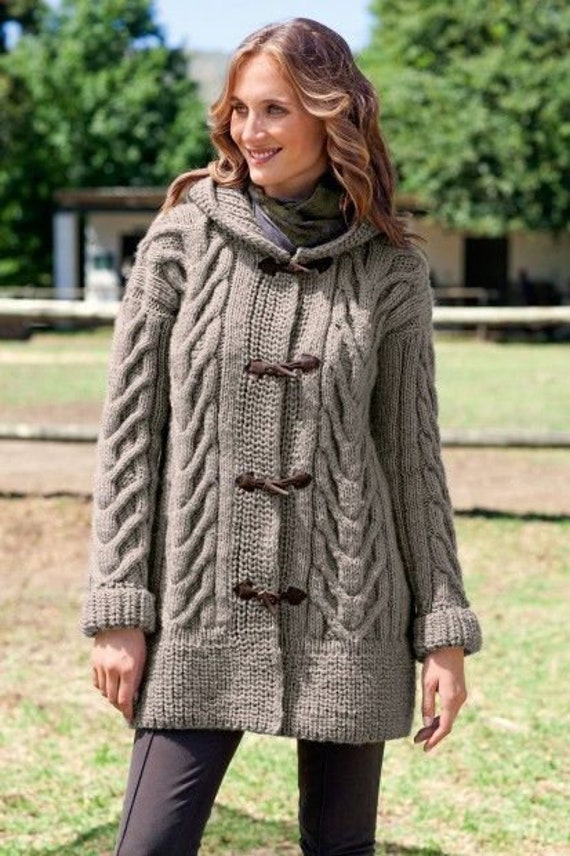 Womens Chunky Wool Cable Duffle Coat With Hood S/XL Sizes Chunky