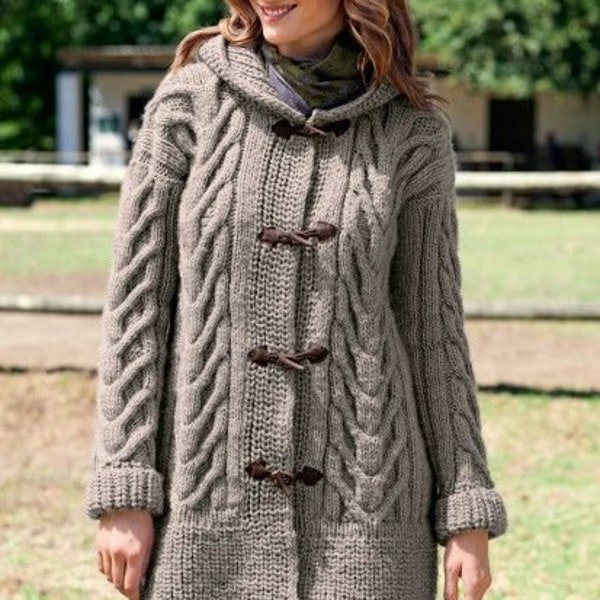 Womens Chunky Wool Cable Duffle Coat With Hood S/XL Sizes~   Chunky 12 Ply Knitting Pattern PDF Instant download