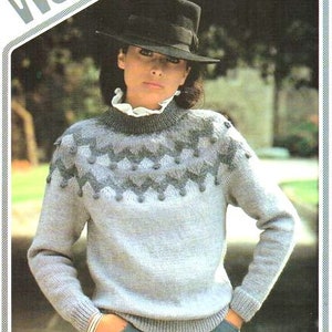 Fair Isle Yoke Bobble Round Neck Womens Sweater Jumper 32&quot; - 40&quot; DK 8 Ply Light Worsted Knitting Pattern Instant Download PDF