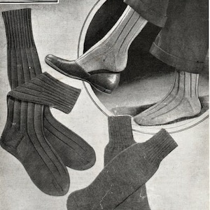 Mens Socks ~ Ribbed or Plain worked on 4 needles Length 10&quot;- 11&quot;  ~  3Ply or 4 Ply Sock Yarn Knitting PATTERN PDF Instant Download.