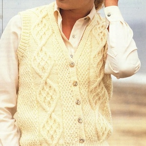 Womens Aran Waistcoat Vest with V Neck Traditional Cable Stitch 32&quot; - 40&quot; Aran 10 Ply Worsted Knitting Pattern PDF Instant download
