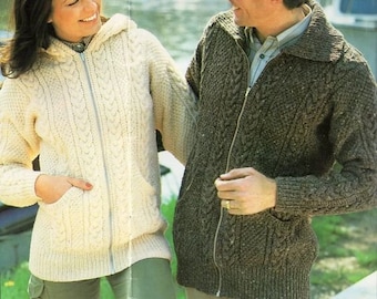 Traditional Aran Zip Up Cable Jacket Mens Womens Hood or Collar Pockets 34" - 46"  Aran 10 ply Worsted PDF Instant download Knitting Pattern