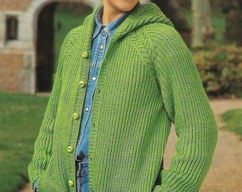 Easy Fisherman's Rib Jacket Cardigan Hood  Raglan Sleeve Pockets,  30" - 40" ~ DK  8 Ply Light Worsted Knitting Pattern PDF Instant Download