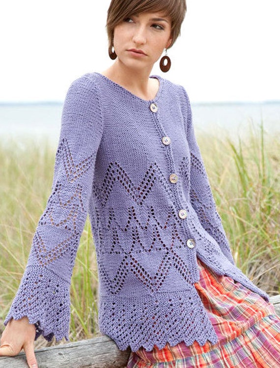 Woman Ladies Elegant Eyelet Cardigan With Zig Zag Border 34 54 Aran Knitting Pattern PDF Instant Download Etsy Australia