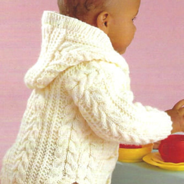 Baby Child Aran Cable Jackets Hood Collar Boy Girl 0 - 8 Yrs Aran 10 Ply Knitting Pattern PDF Instant download