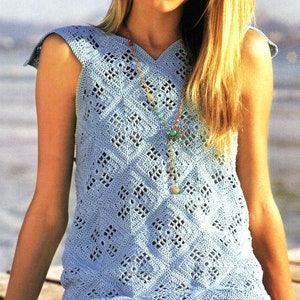 Womens Crochet Motif Squares Top V Neck Sleeveless Sweater 32" - 42"  4 Ply Cotton Fingering Crochet Pattern PDF Download